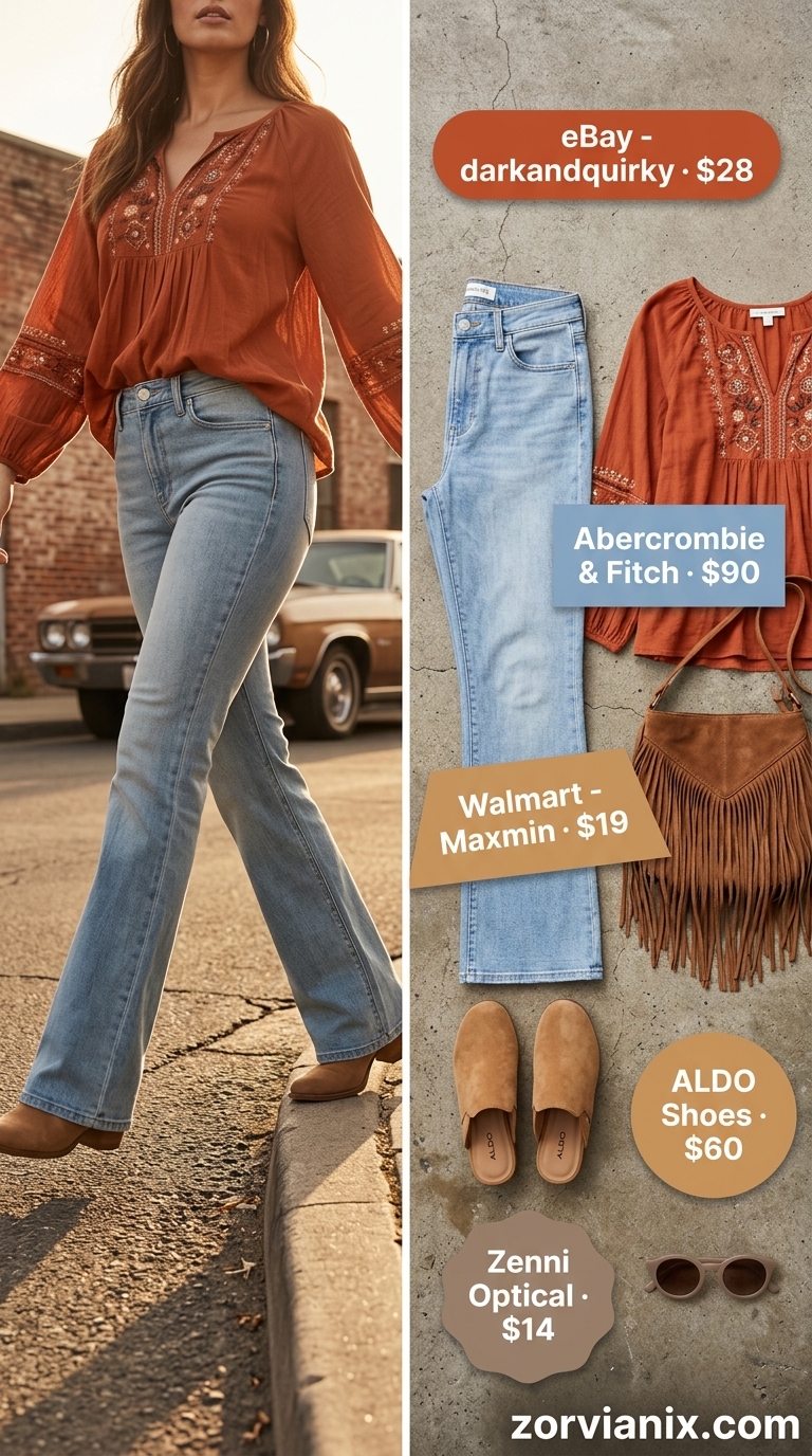 Boho Summer Outfits 2026: Retro Denim & Peasant Top Boho summer outfits for women 2026: Burnt orange peasant top, light wash flare jeans, and fringed suede bag for a retro look.