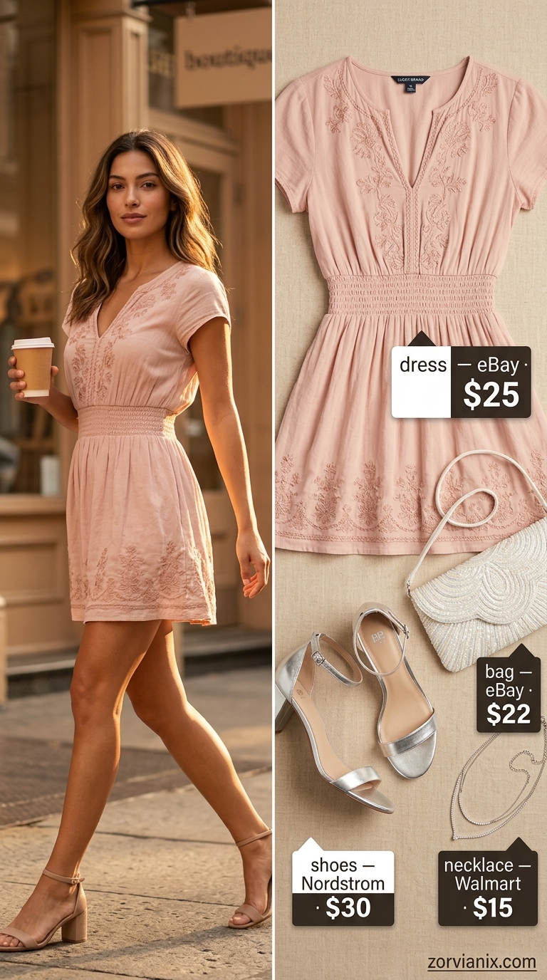 Boho Summer Outfits 2026: Romantic Date Night Dress Boho summer outfits for women 2026: Blush pink embroidered mini dress, silver necklaces, and block heels for date night.