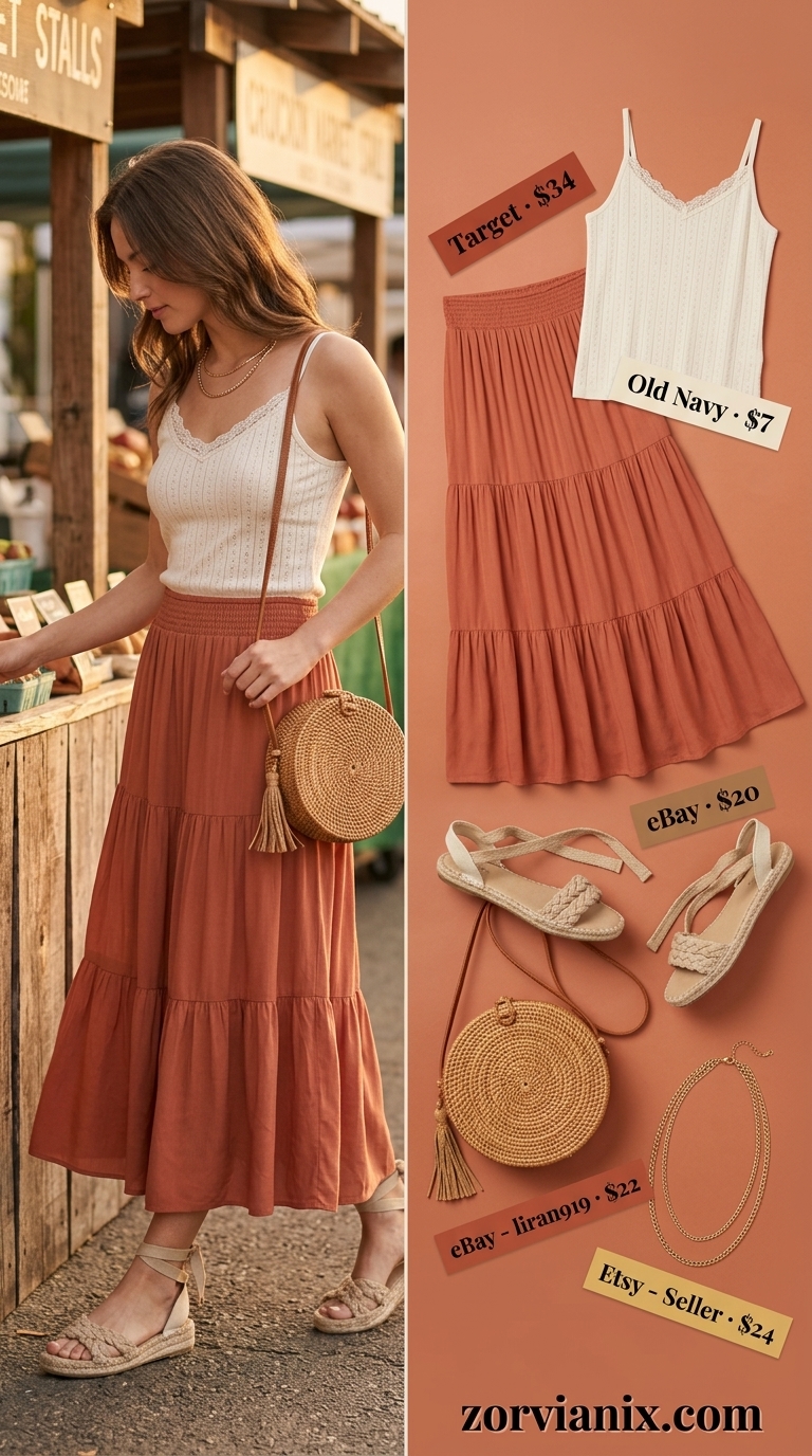 Boho Summer Outfits 2026: Sunset Maxi Skirt & Knit Cami Boho summer outfits for women 2026: Terracotta maxi skirt, cream knit cami, and espadrilles for sunset style.