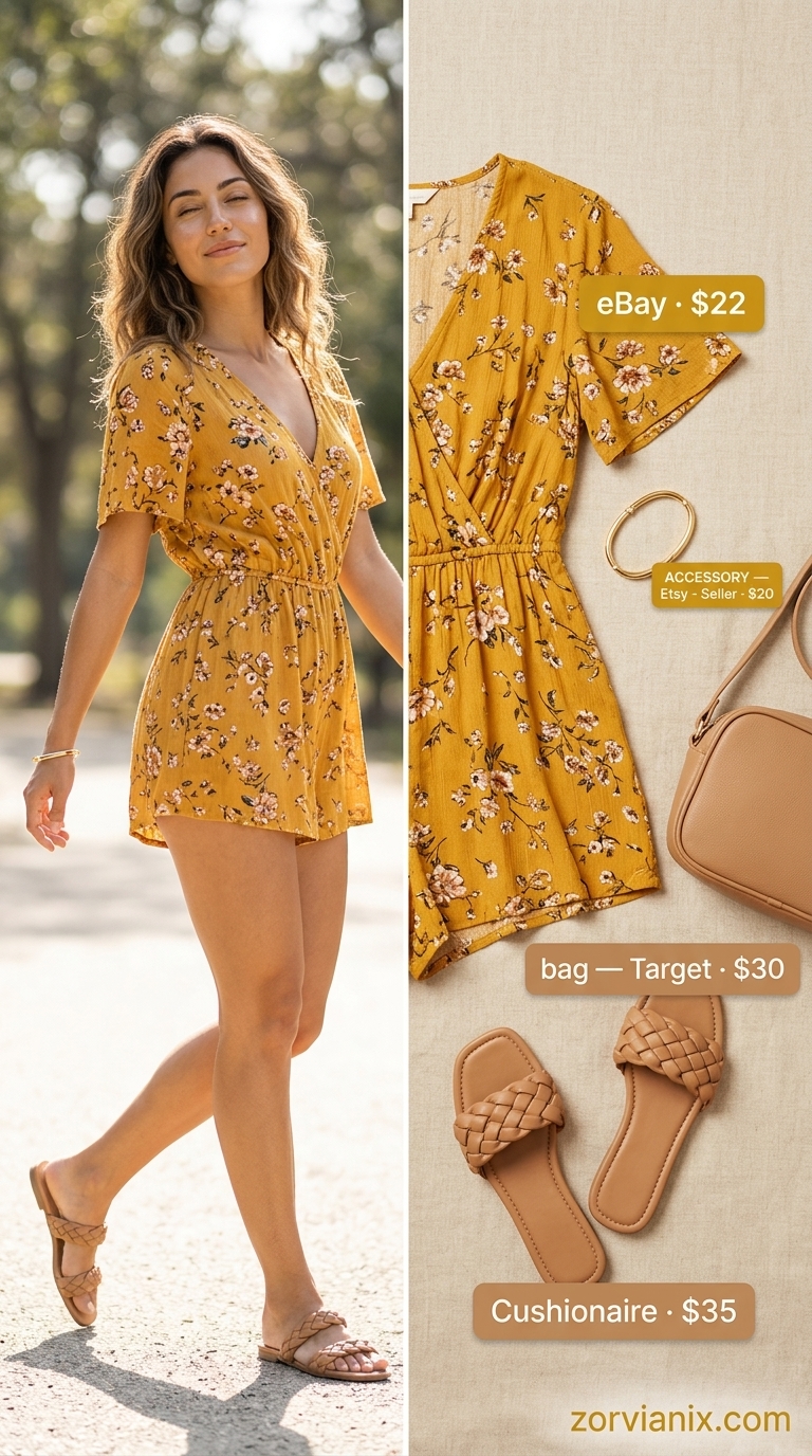 Boho Summer Outfits 2026: Playful Yellow Romper Adventure Boho summer outfits for women 2026: Mustard yellow romper, canvas bag, and braided sandals for playful adventures.
