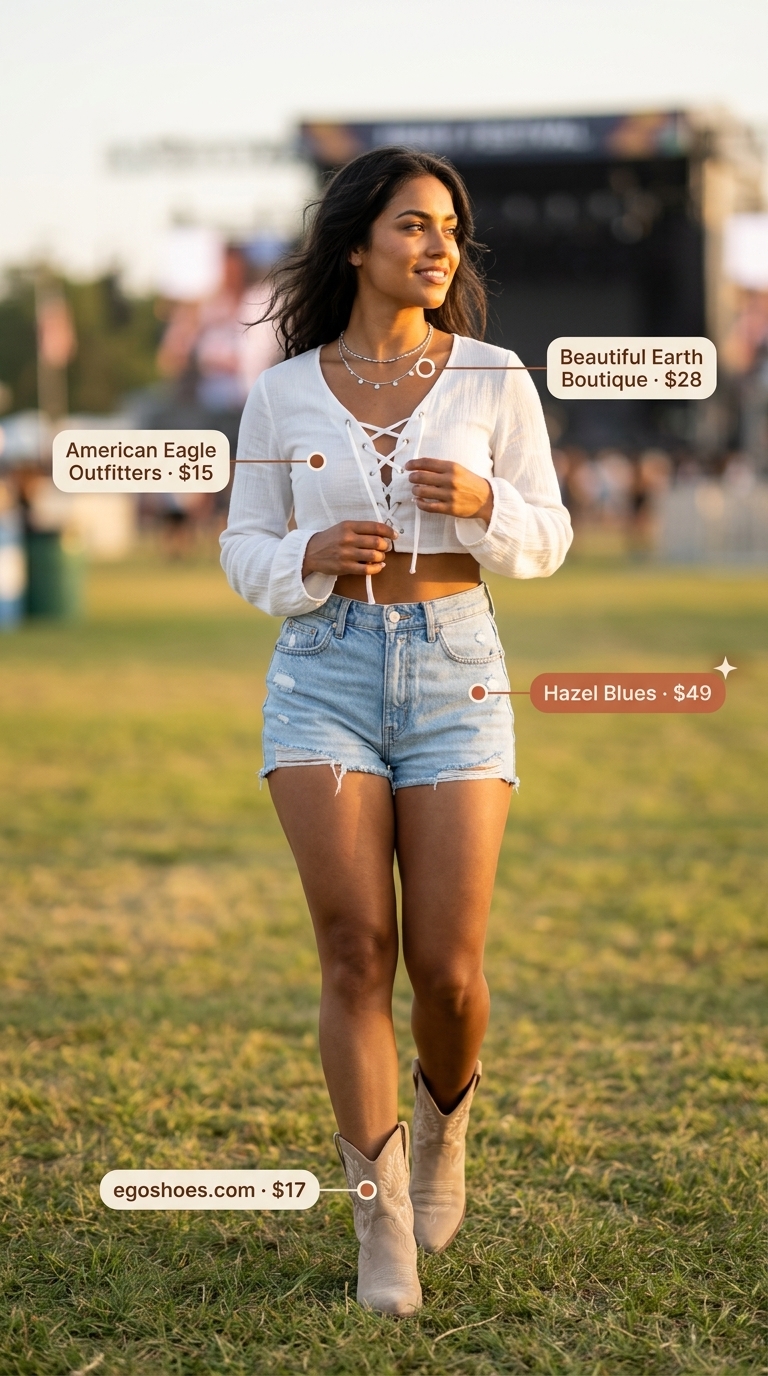 Boho Summer Outfits 2026: Festival Denim Boho summer outfits for women 2026: Denim shorts, crochet top, cowboy boots for music festivals.