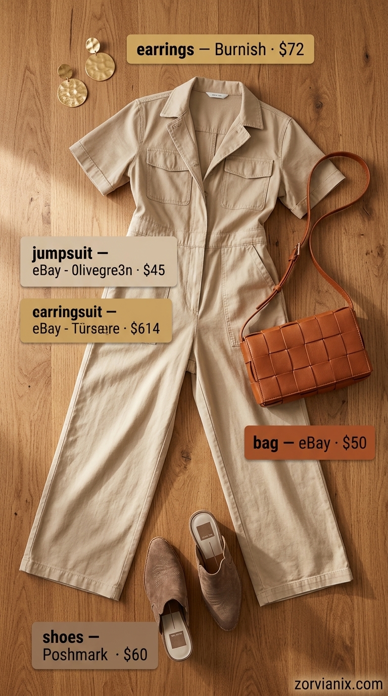 Boho Summer Outfits for Women 2026: Utility Jumpsuit Boho summer outfits for women 2026: Sandy beige utility jumpsuit, woven leather bag, and suede mules.