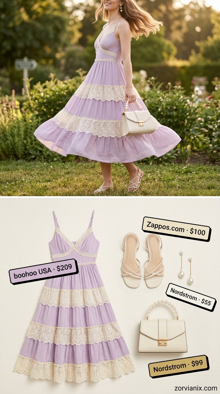 Boho Summer Outfits 2026: Lavender Tiers Boho summer outfits for women 2026: Lavender tiered dress, flat sandals, pearl earrings for showers.
