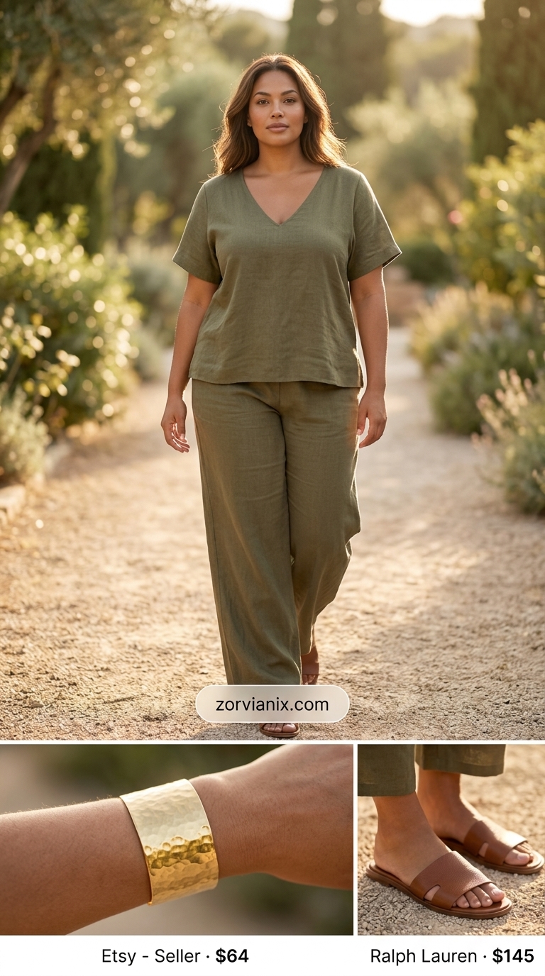 Boho Summer Outfits for Women 2026: Matching Set Boho summer outfits for women 2026: Olive green matching set, leather slides, and gold cuff bracelet.