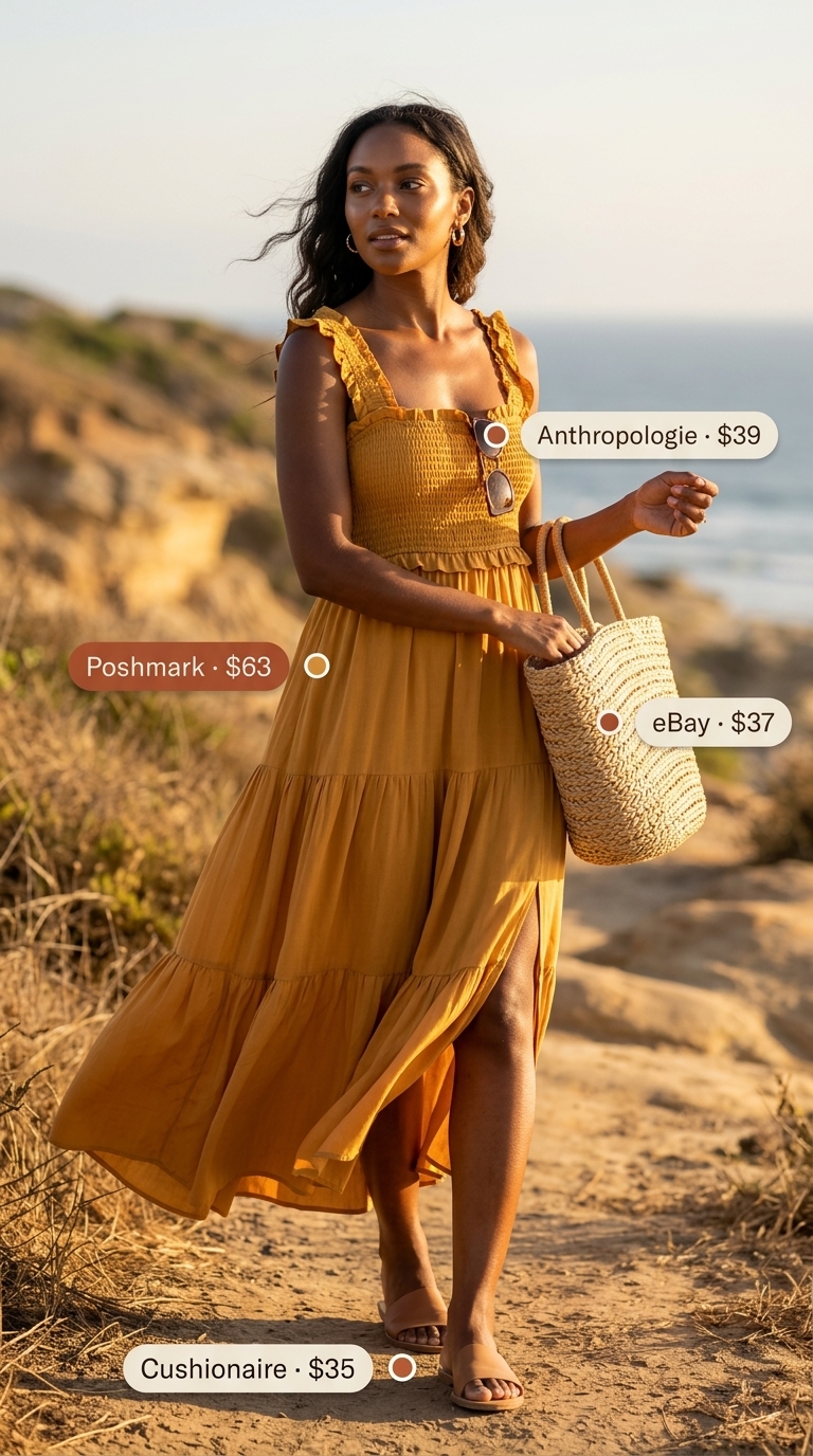 Boho Summer Outfits 2026: Sundrenched Maxi Boho summer outfits for women 2026: Mustard yellow maxi dress, braided sandals, straw tote for beach.