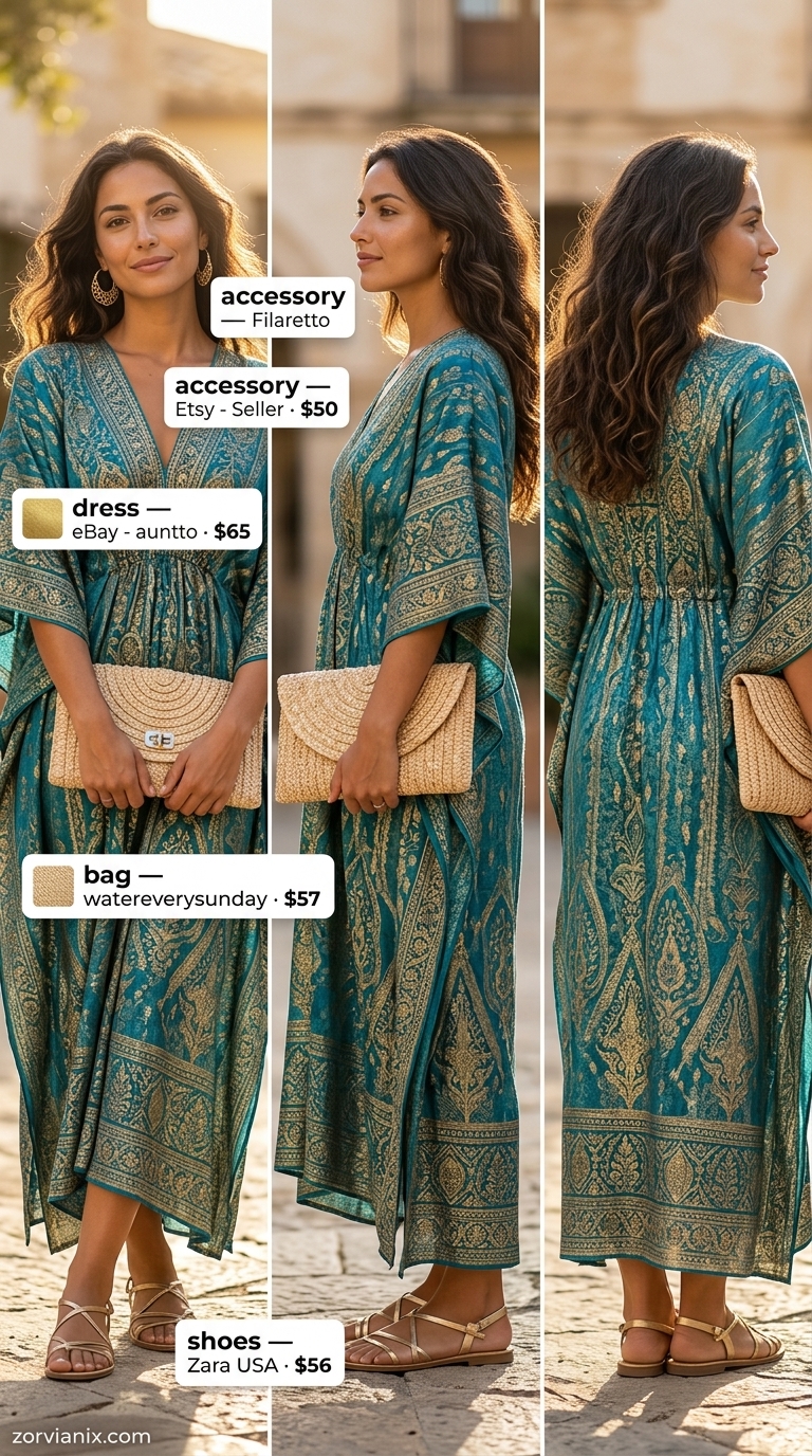 Boho Summer Outfits 2026: Global Traveler Boho summer outfits for women 2026: Teal maxi dress, gold sandals, straw clutch for resort vacations.