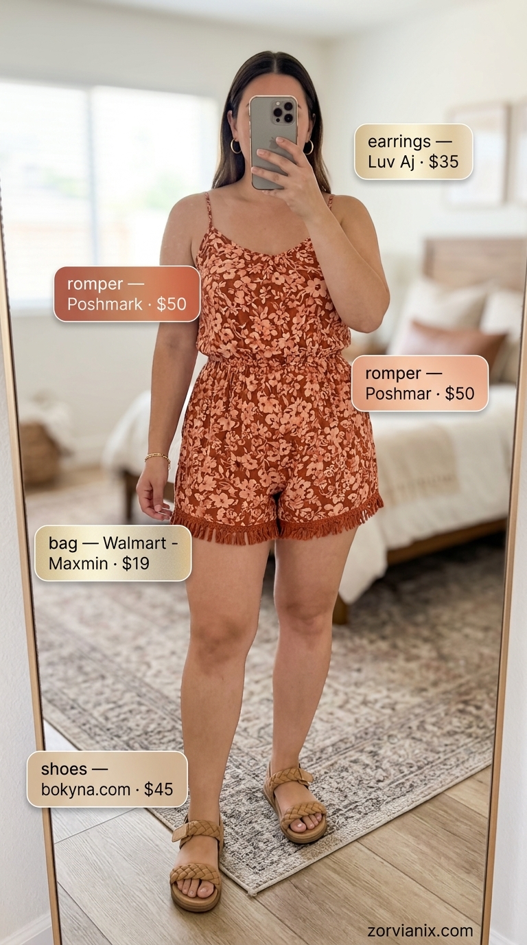 Boho Summer Outfits for Women 2026: Playful Romper Boho summer outfits for women 2026: Rust floral romper, peach sandals, and fringed crossbody bag.