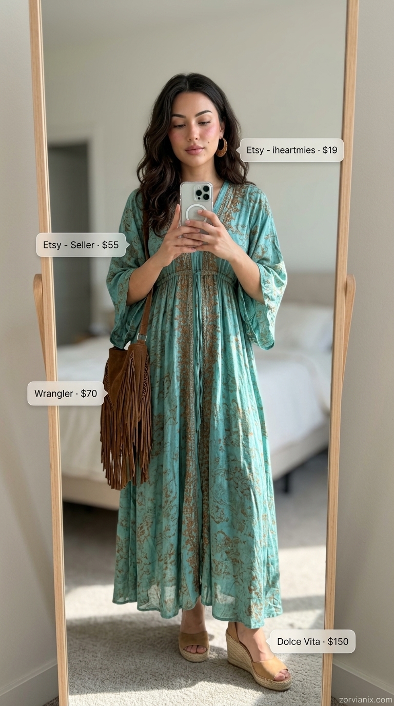 Boho Summer Outfits for Women 2026: Flowy Maxi Dress Boho summer outfits for women 2026: Teal maxi dress, suede wedges, straw bag, and bronze hoop earrings.