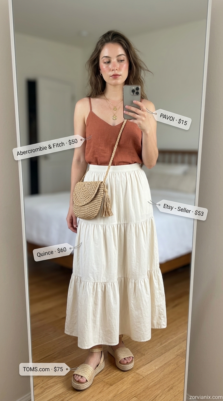 Boho Summer Outfits for Women 2026: Maxi Skirt Style Boho summer outfits for women 2026: Terracotta maxi skirt, cream cami, straw bag, and espadrilles.
