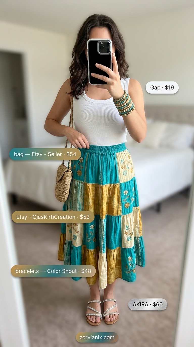 Boho Summer Outfits 2026: Gypsy Skirt Boho summer outfits for women 2026: Teal tiered skirt, white tank, embroidered bag for art fairs.