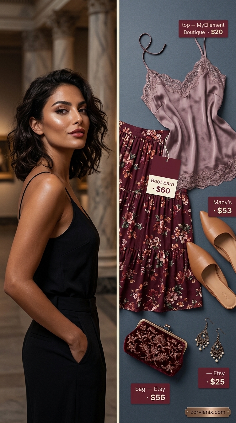 Boho Summer Outfits 2026: Artistic Soul Boho summer outfits for women 2026: Burgundy skirt, lace cami, velvet clutch for gallery openings.