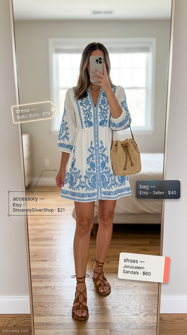 Boho Summer Outfits for Women 2026: Picnic Dress Boho summer outfits for women 2026: White embroidered mini dress, straw bag, and leather sandals for a picnic.