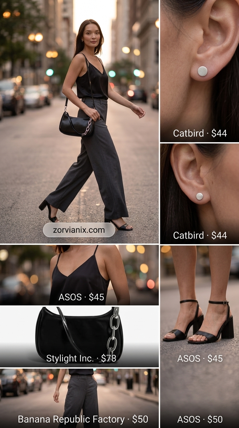 Charcoal grey trousers outfit for breathable hot weather summer outfits for women 2026. Sophisticated evening style with satin cami.