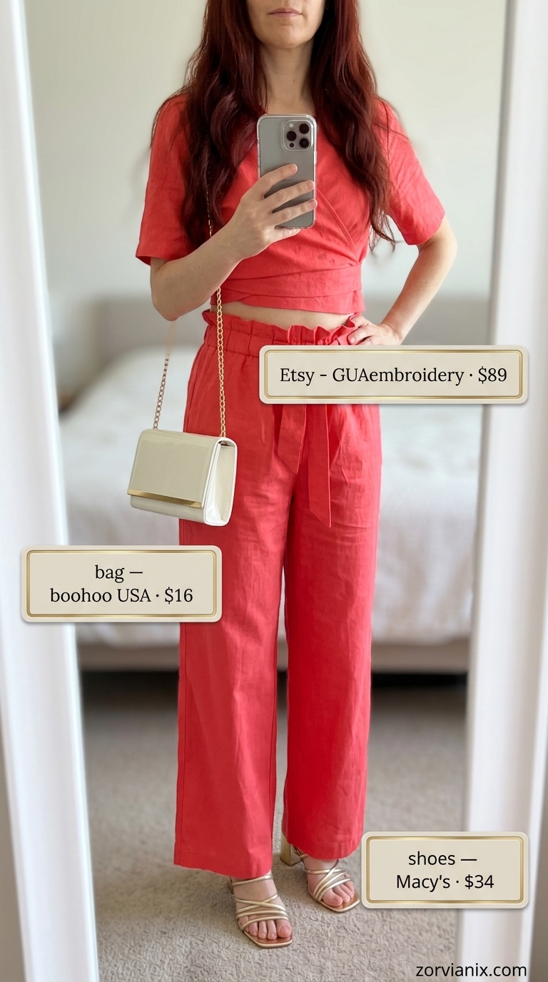 Coral linen matching set for breathable hot weather summer outfits for women 2026. Glamorous resort style with gold heels and statement earrings.