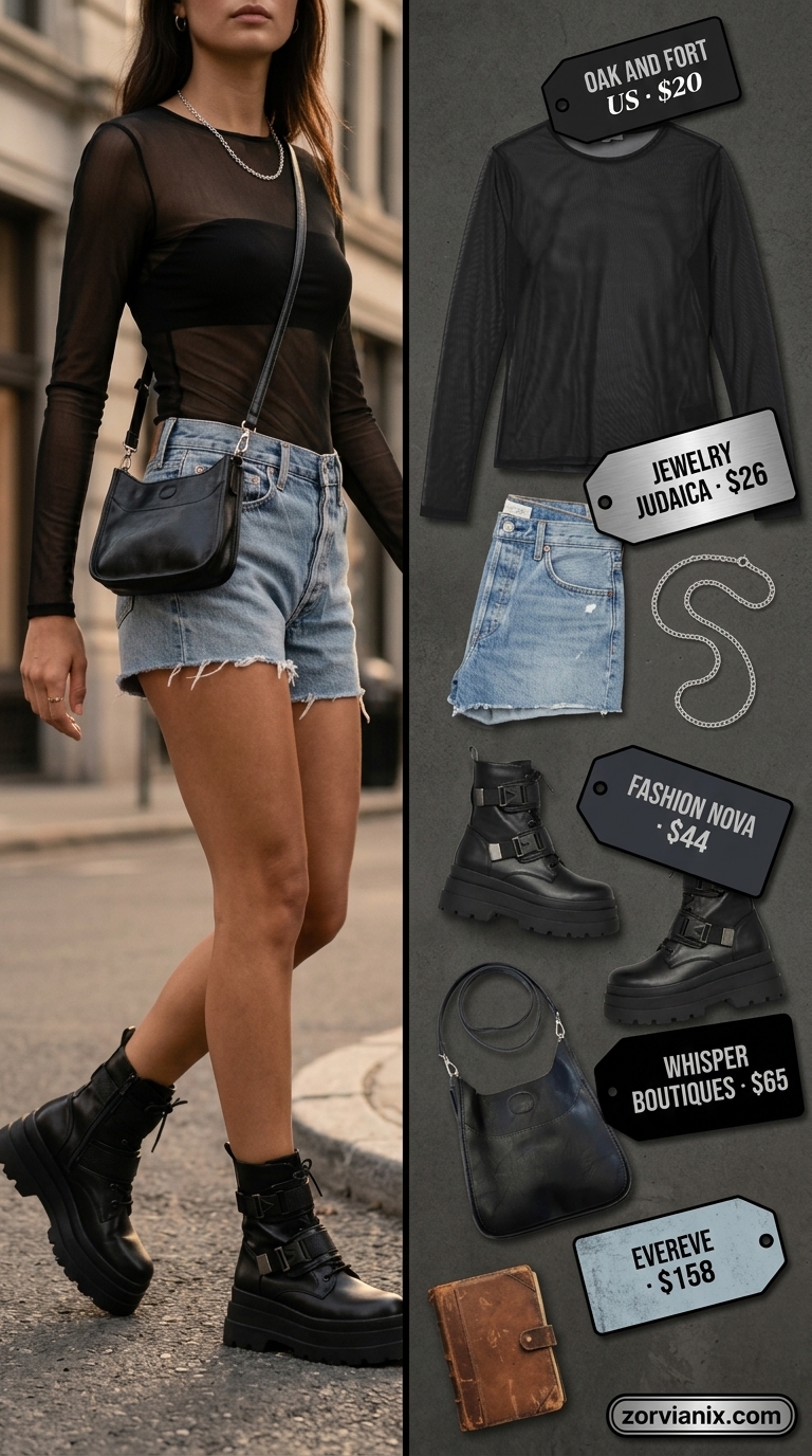 Distressed denim shorts and mesh top for edgy breathable hot weather summer outfits for women 2026.