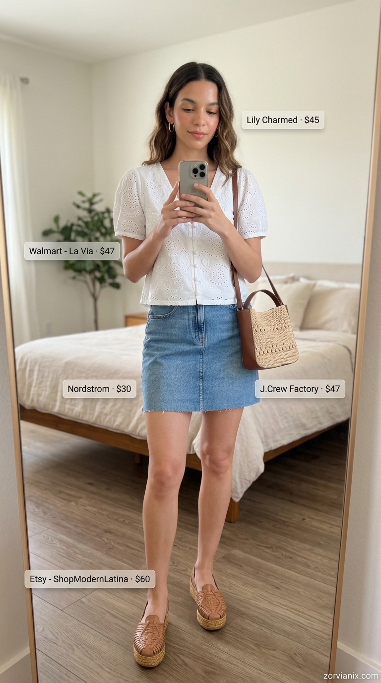 Denim skirt outfit for breathable hot weather summer outfits for women 2026. Classic casual look with white eyelet blouse and tan sandals.