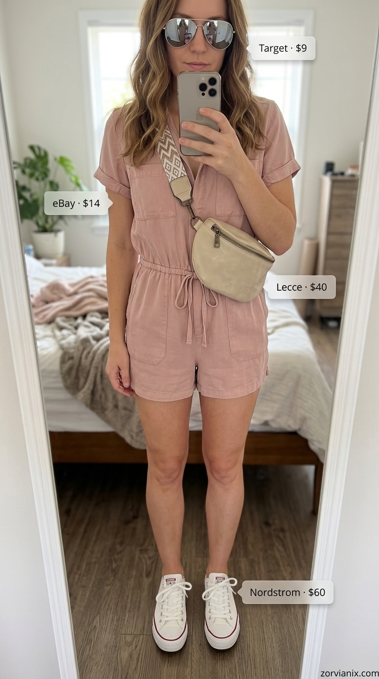 Dusty rose utility romper for breathable hot weather summer outfits for women 2026.
