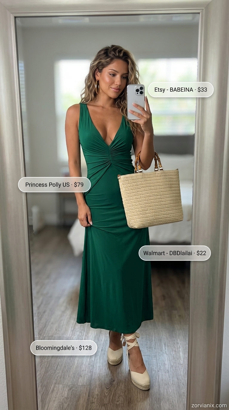 Emerald green maxi dress for breathable hot weather summer outfits for women 2026.