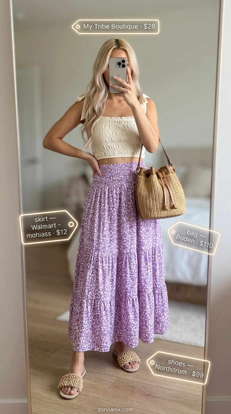 Lavender maxi skirt outfit for breathable hot weather summer outfits for women 2026. Romantic picnic style with smocked crop top and sandals.