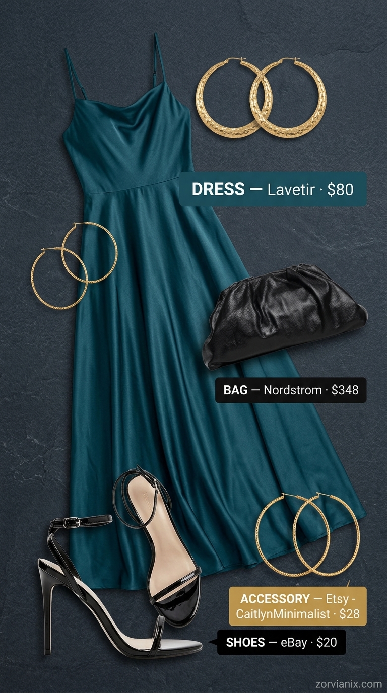Midnight Oasis outfit: Teal slip dress, strappy sandals. Breathable hot weather summer outfits for women 2026.