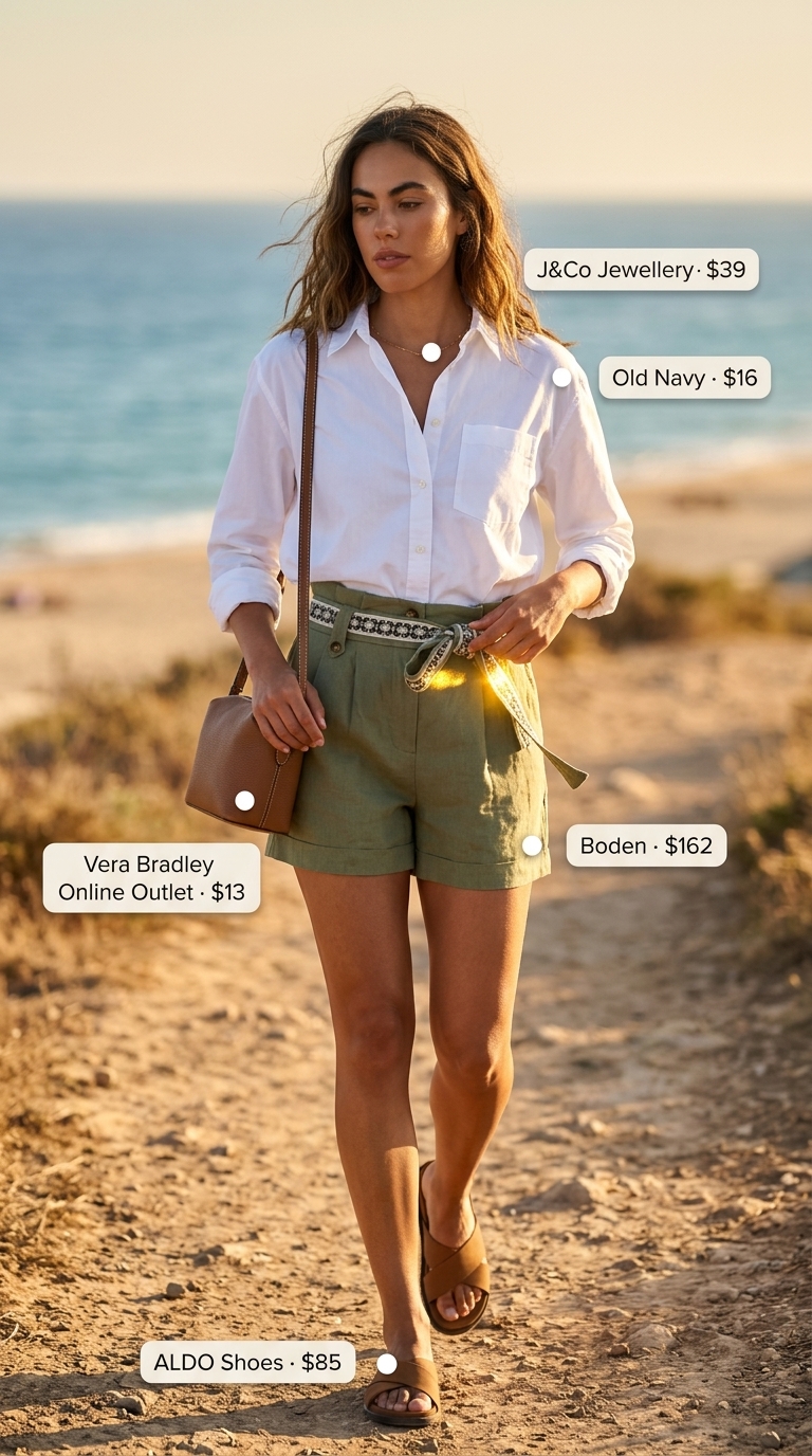 Olive green shorts outfit for breathable hot weather summer outfits for women 2026. Safari chic style with white button-down and leather sandals.