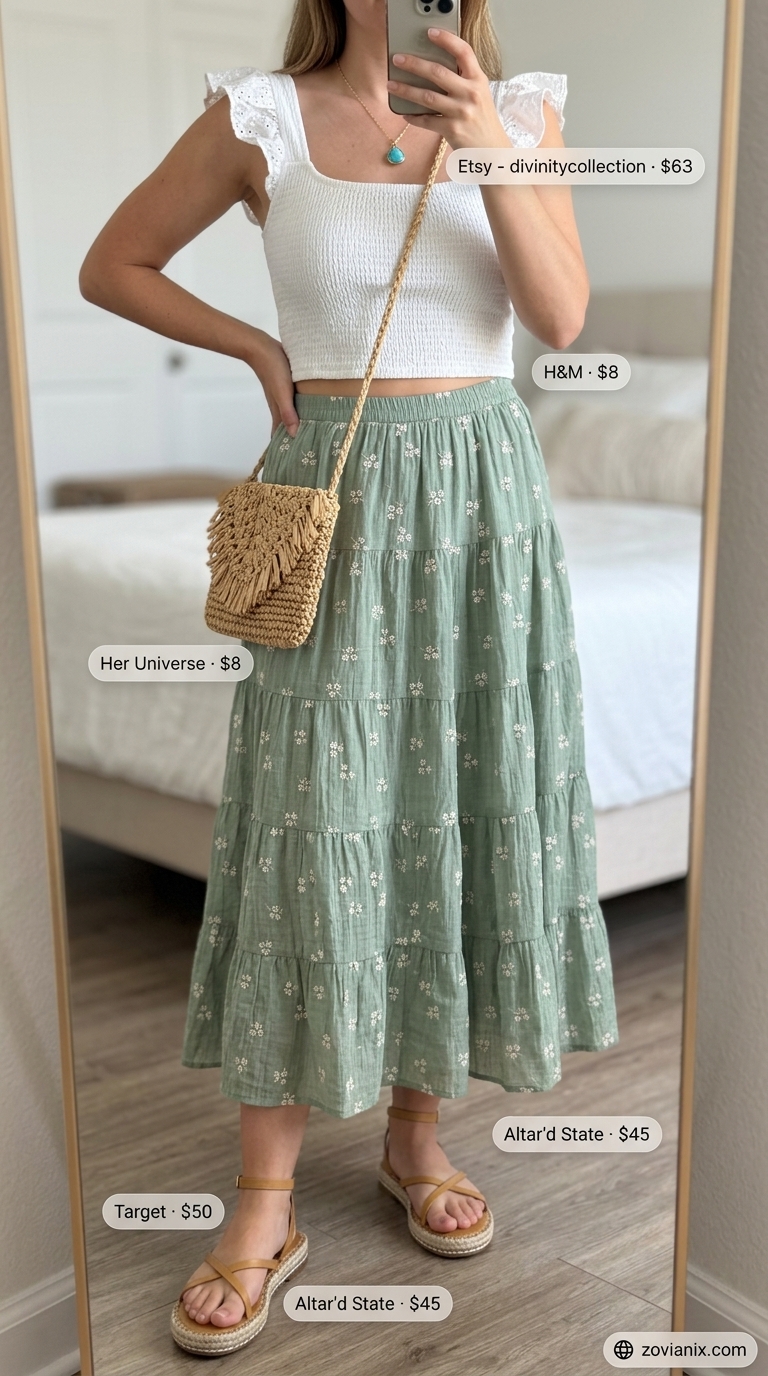 Olive green tiered skirt for romantic breathable hot weather summer outfits for women 2026.