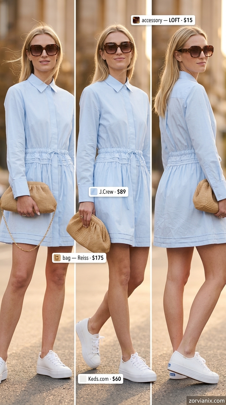 Playful Charmer outfit: Sky blue shirt dress, raffia clutch. Breathable hot weather summer outfits for women 2026.