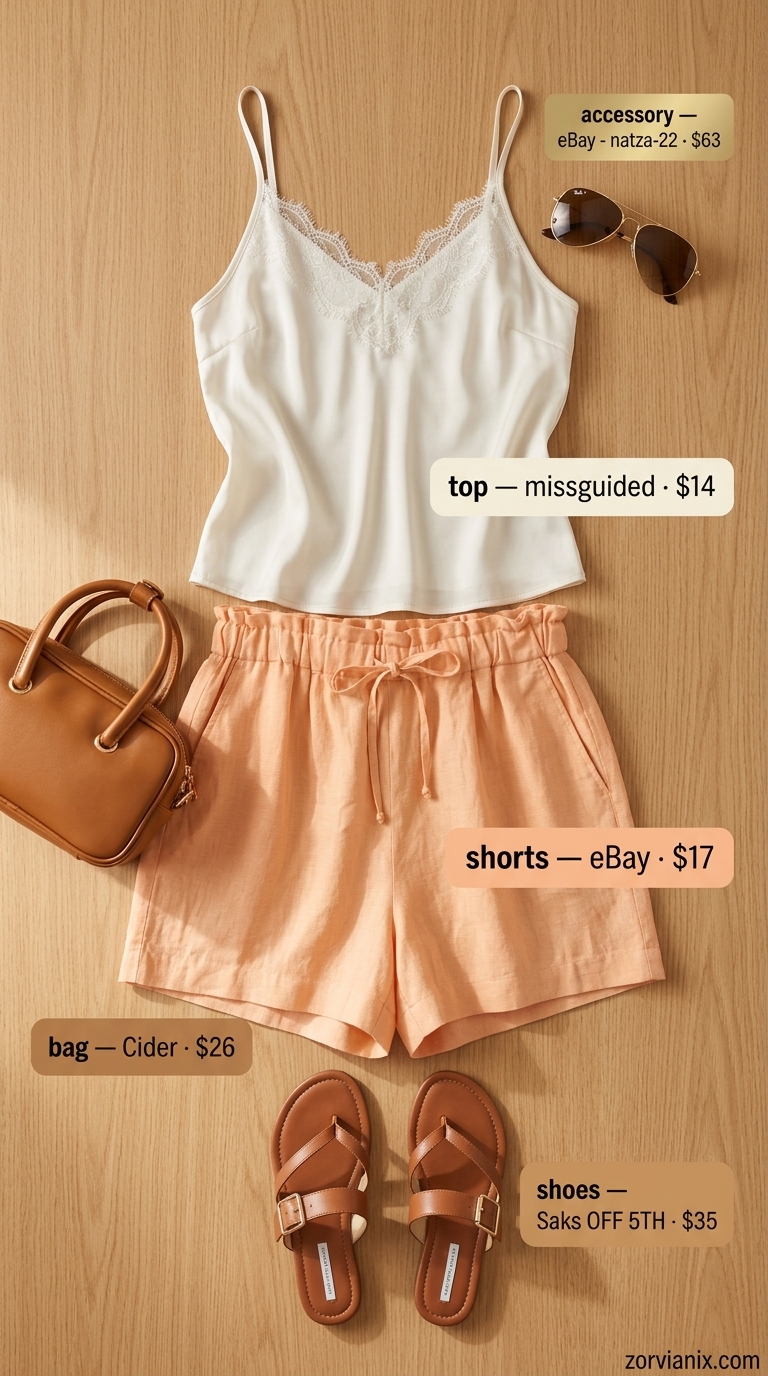 Romantic Siren outfit: Peach linen shorts, ivory camisole, white shirt. Breathable hot weather summer outfits for women 2026.