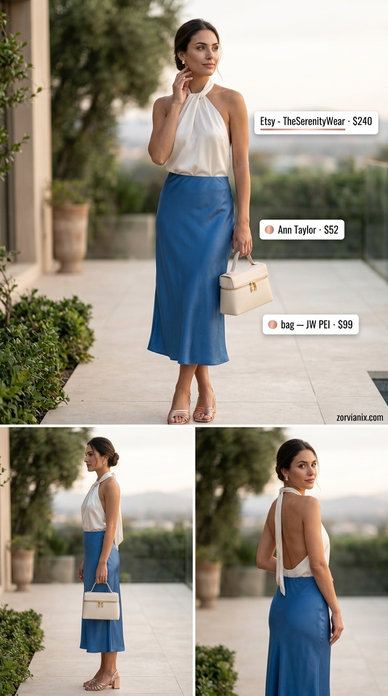 Sophisticated Temptress outfit: Navy midi skirt, halter top. Breathable hot weather summer outfits for women 2026.