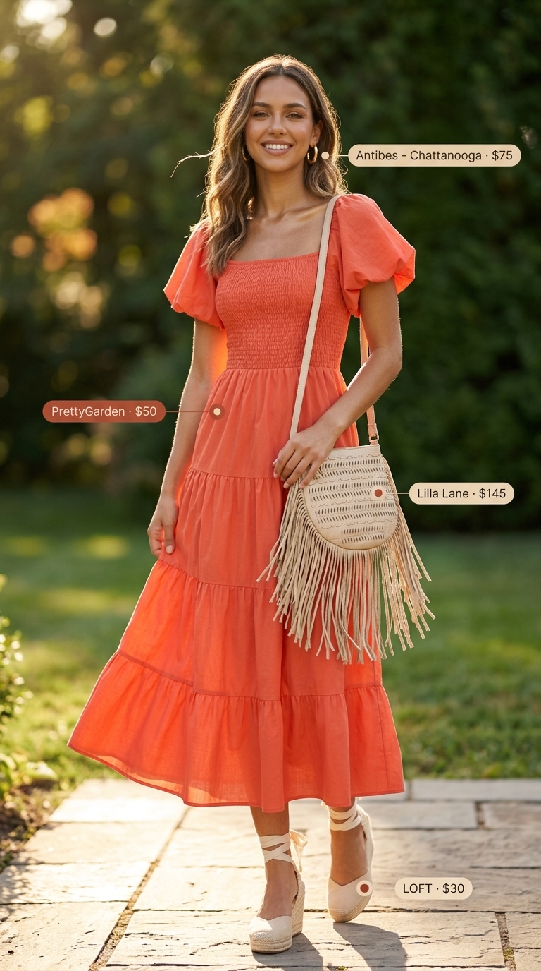 Terracotta cotton dress outfit for breathable hot weather summer outfits for women 2026. Boho garden brunch style with espadrille wedges.