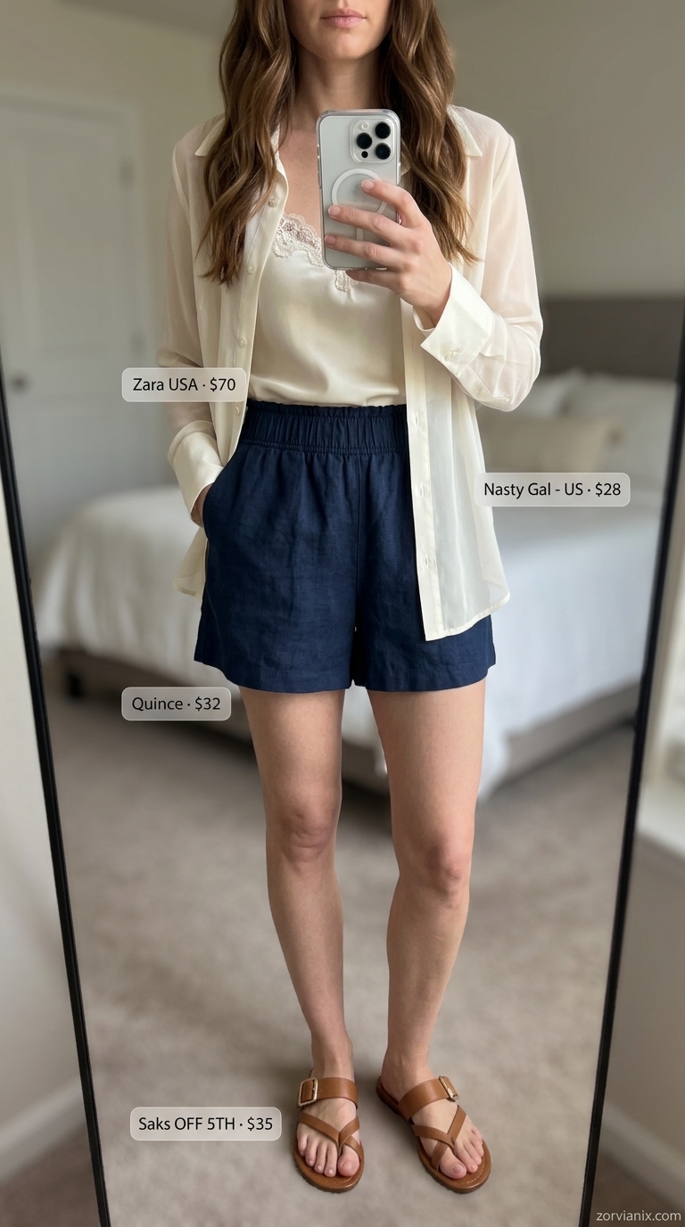 Urban Heatwave Siren outfit: Navy shorts, cream sheer shirt. Breathable hot weather summer outfits for women 2026.