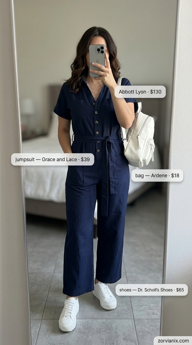 Urban Summer Utility outfit: Navy utility jumpsuit. Breathable hot weather summer outfits for women 2026.