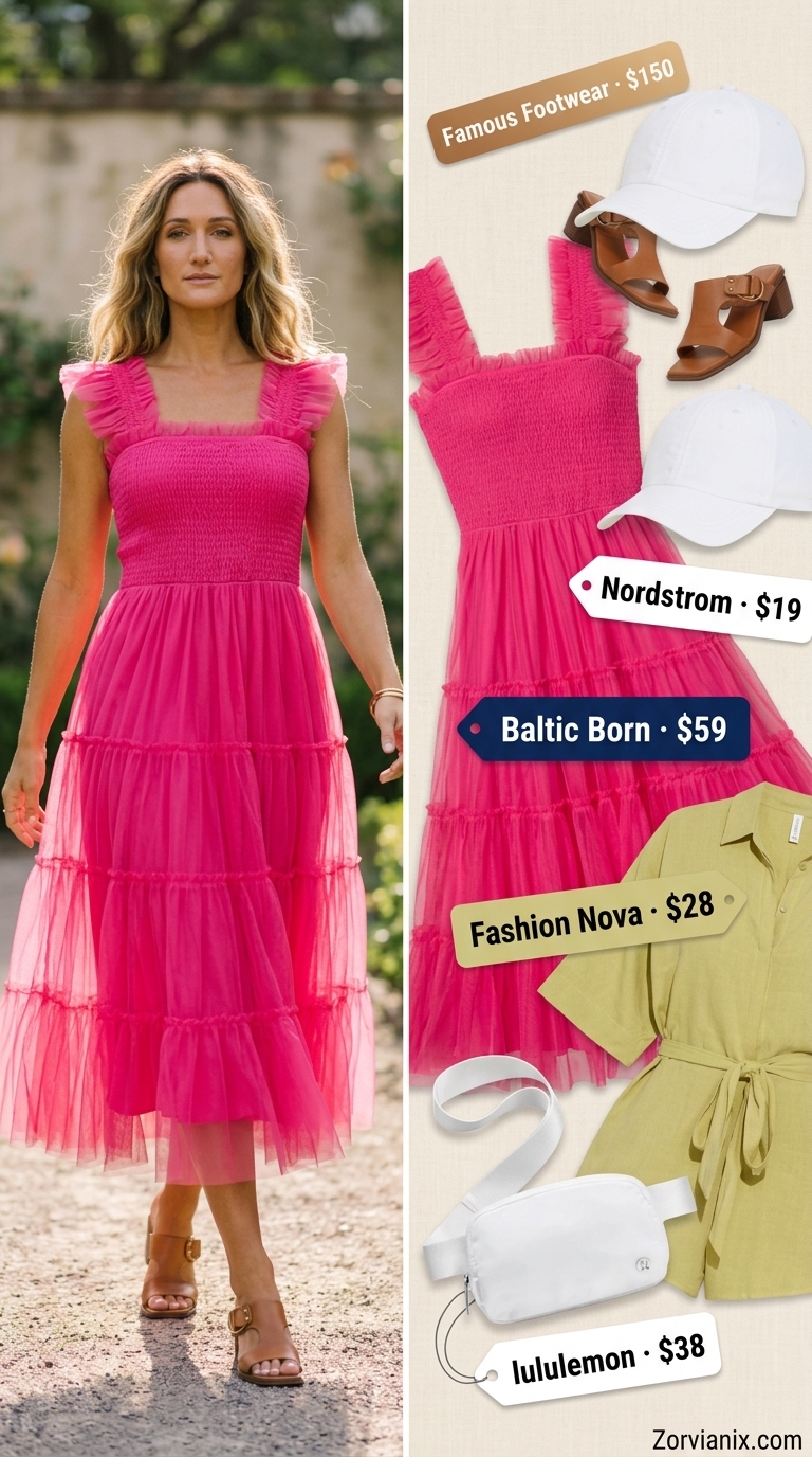 Vibrant Allure outfit: Hot pink midi dress, linen romper. Breathable hot weather summer outfits for women 2026.