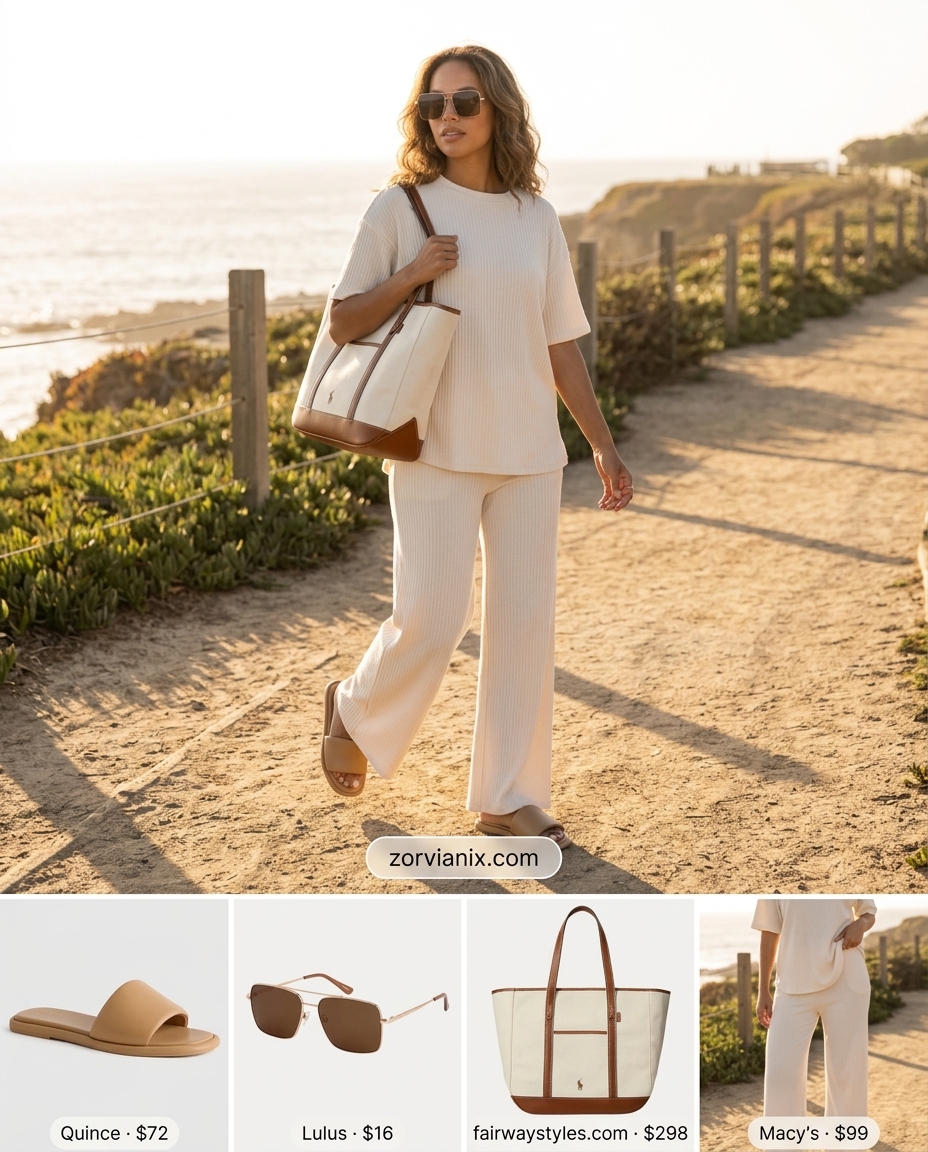 Casual Friday summer outfits for women 2026: Cream knit set, beige slides, canvas tote, and sunglasses.