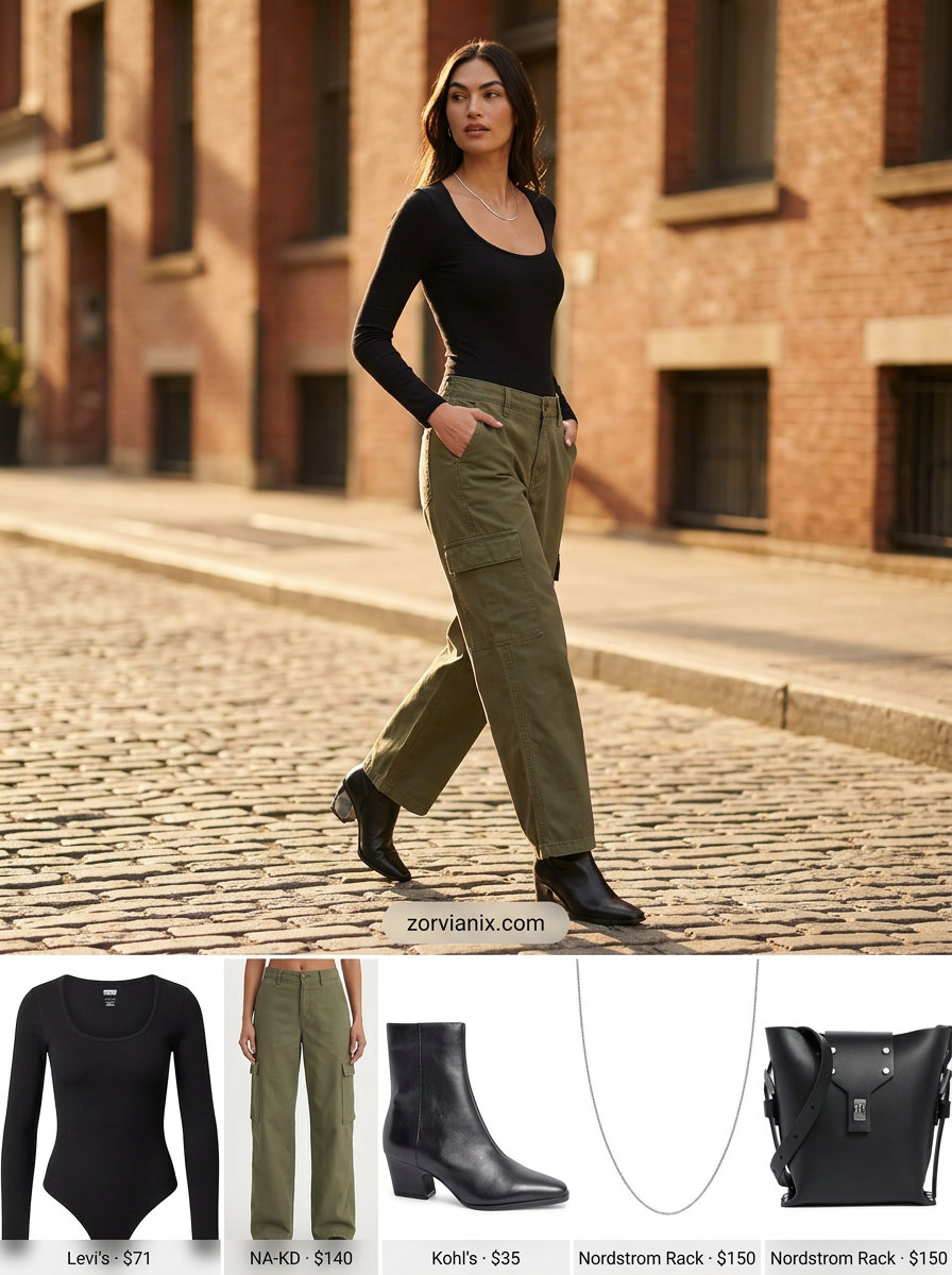 Casual Friday summer outfits for women 2026: Olive cargo pants, black bodysuit, ankle boots, and crossbody bag.