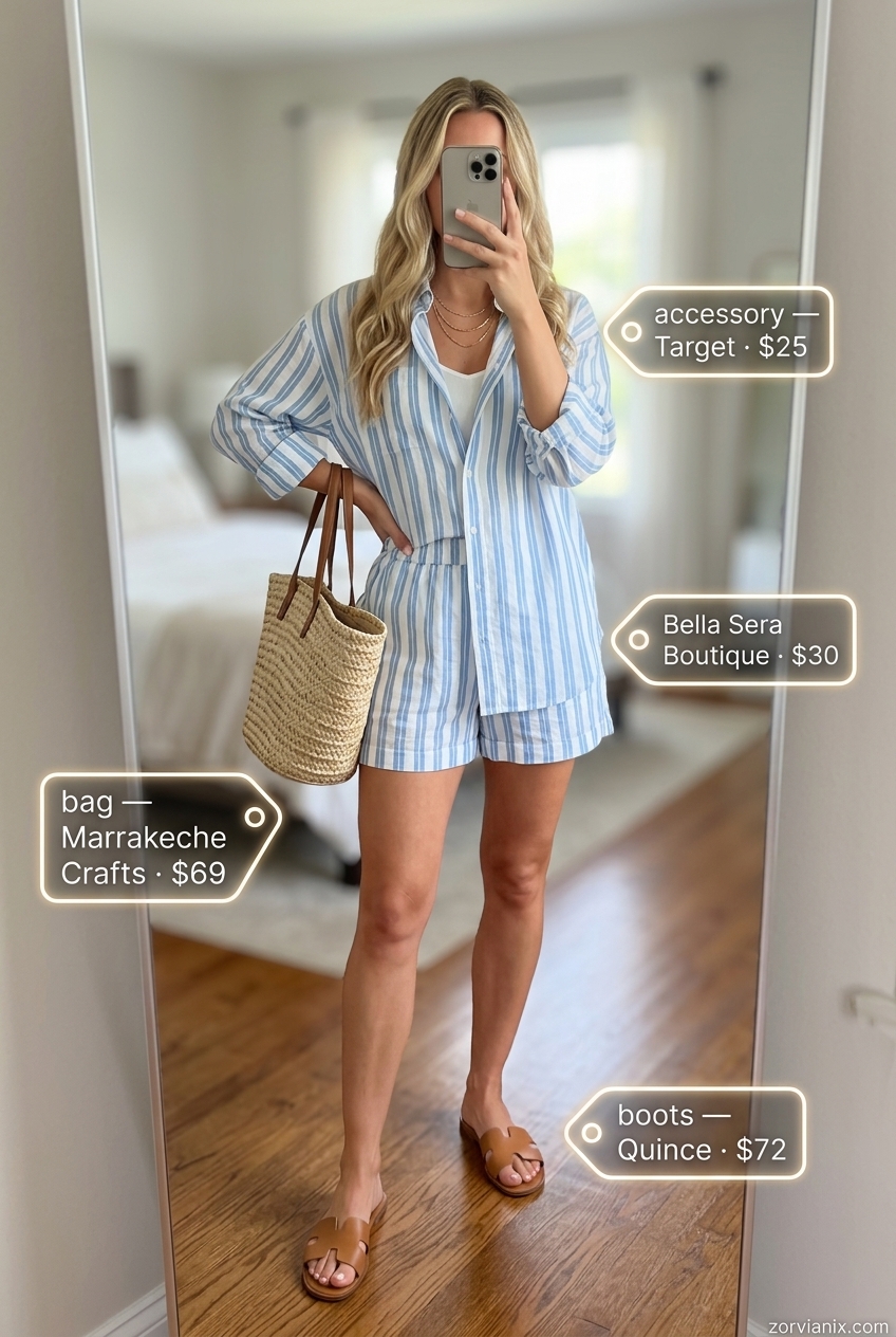 Casual Friday summer outfits for women 2026: Light blue stripe button-down and shorts set, straw tote, and slides.