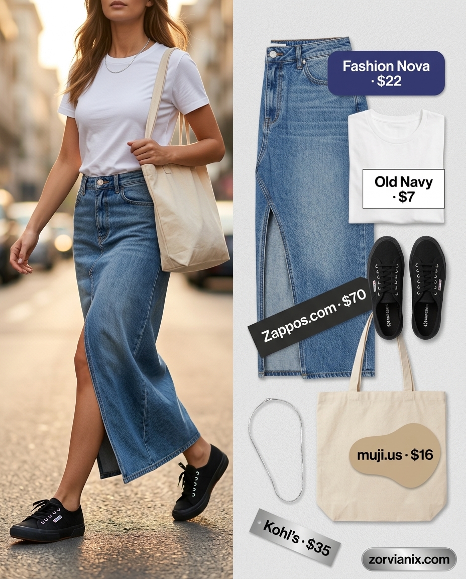 Casual Friday summer outfits for women 2026: Denim maxi skirt, white tee, sneakers, and canvas tote.