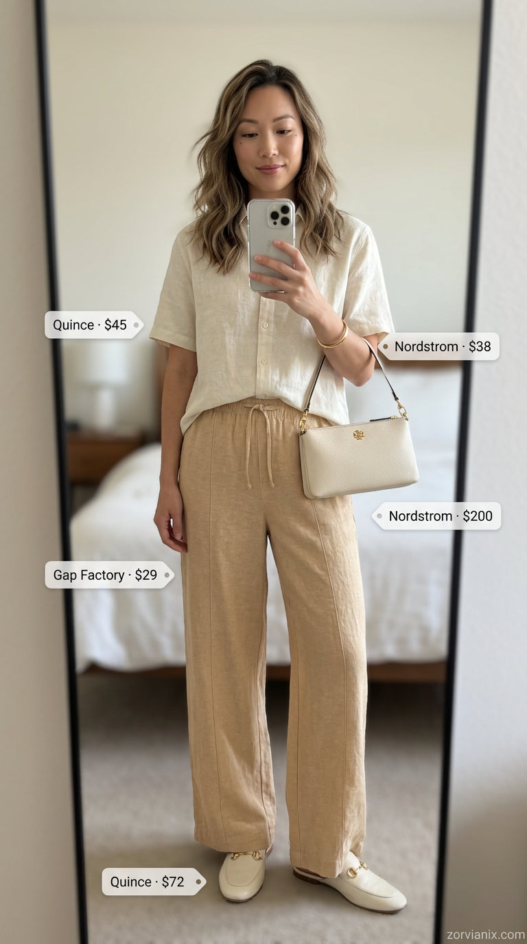 Casual Friday summer outfits for women 2026: Beige linen pants, cream linen shirt, mules, and crossbody bag.