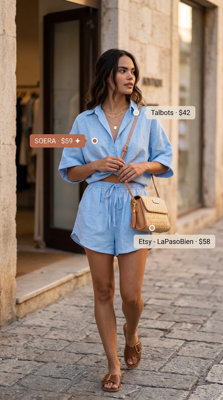 Casual Friday summer outfits for women 2026: Light blue linen set, leather slides, and straw crossbody.