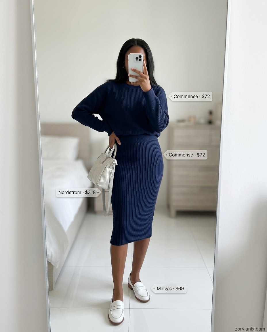 Casual Friday summer outfits for women 2026: Navy knit midi skirt set, white loafers, and silver accessories.