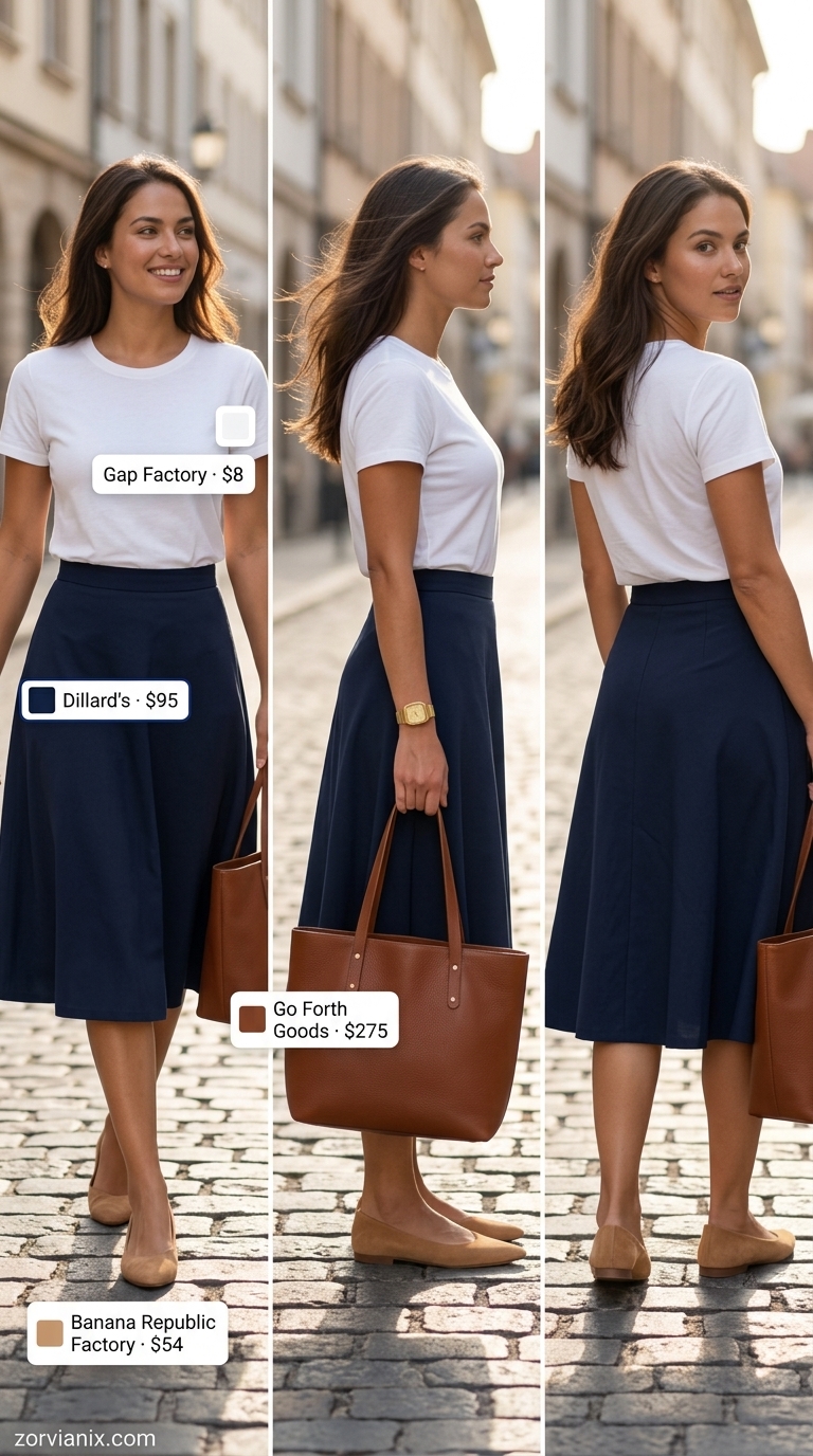 Casual Friday summer outfits for women 2026: Navy midi skirt, white tee, ballet flats, and leather tote.