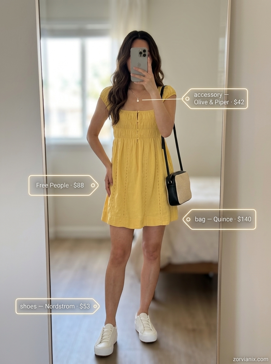 Casual Friday summer outfits for women 2026: Yellow linen mini dress, white sneakers, and raffia crossbody.