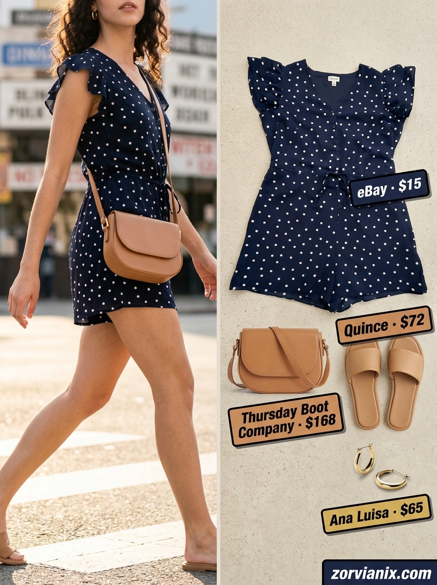 Casual Friday summer outfits for women 2026: Navy polka dot romper, leather slides, and crossbody bag.