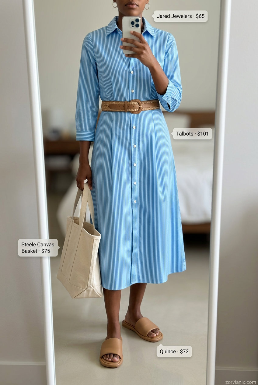 Casual Friday summer outfit for women 2026: Light blue stripe shirtdress, tan sandals, and tote bag for a polished look.