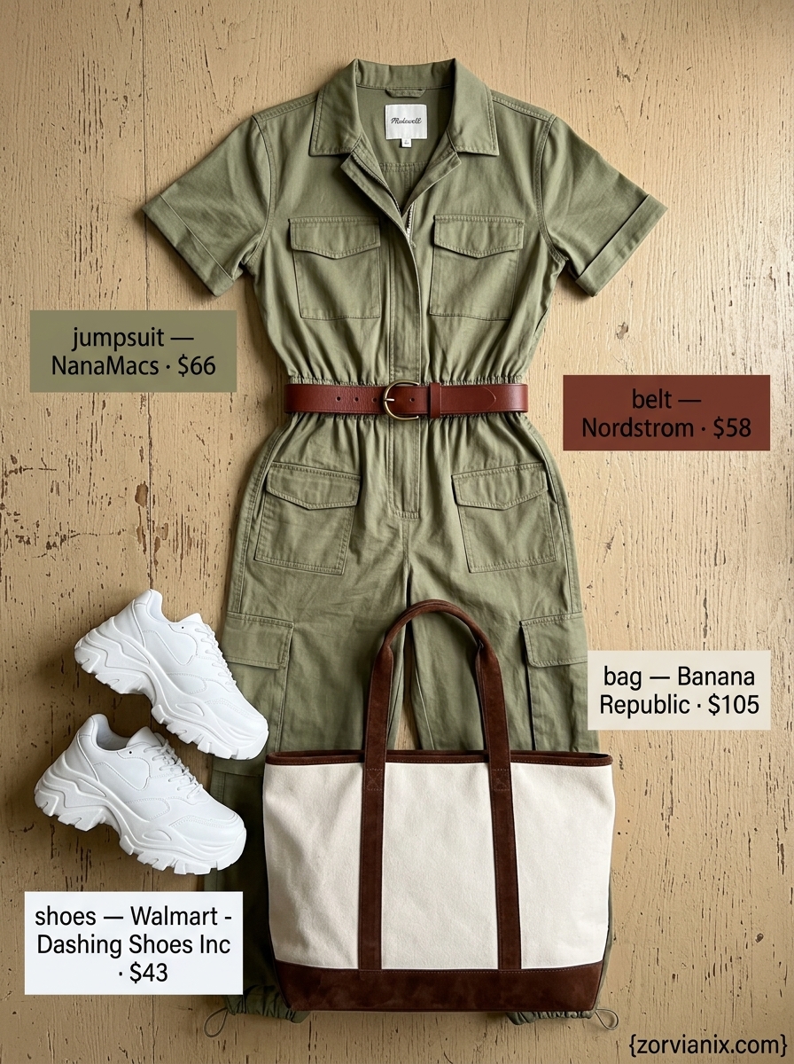 Casual Friday summer outfits for women 2026: Khaki utility jumpsuit, white sneakers, canvas tote, and brown belt.