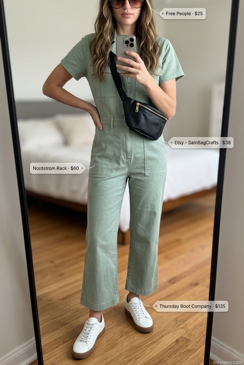 Casual Friday summer outfit for women 2026: Khaki utility jumpsuit with white sneakers and black belt bag.