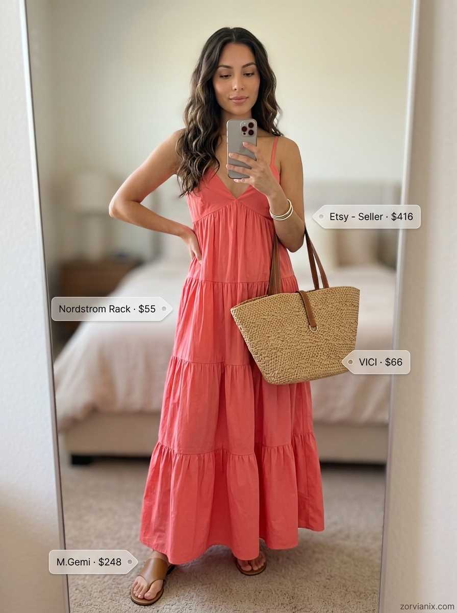 Vibrant coral maxi dress for casual Friday summer outfits for women 2026. Bohemian & free-spirited style.