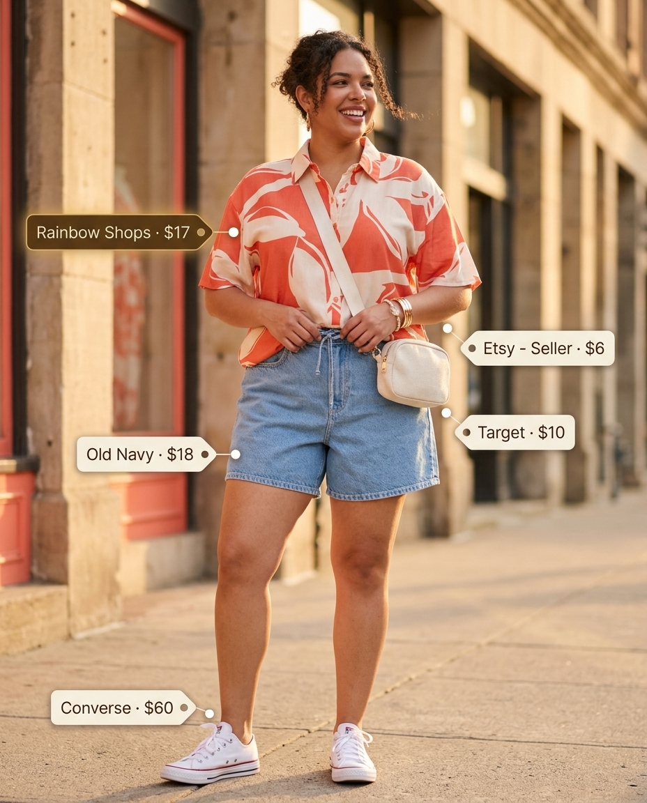 Coral floral blouse and denim shorts for casual Friday summer outfits for women 2026. Playful & energetic style.