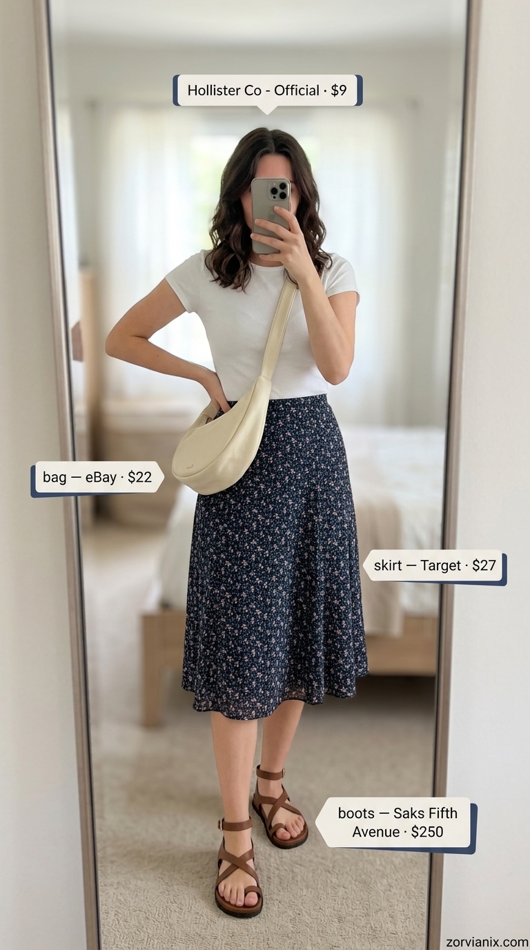 Navy floral midi skirt for casual Friday summer outfits for women 2026. Feminine & bohemian style.