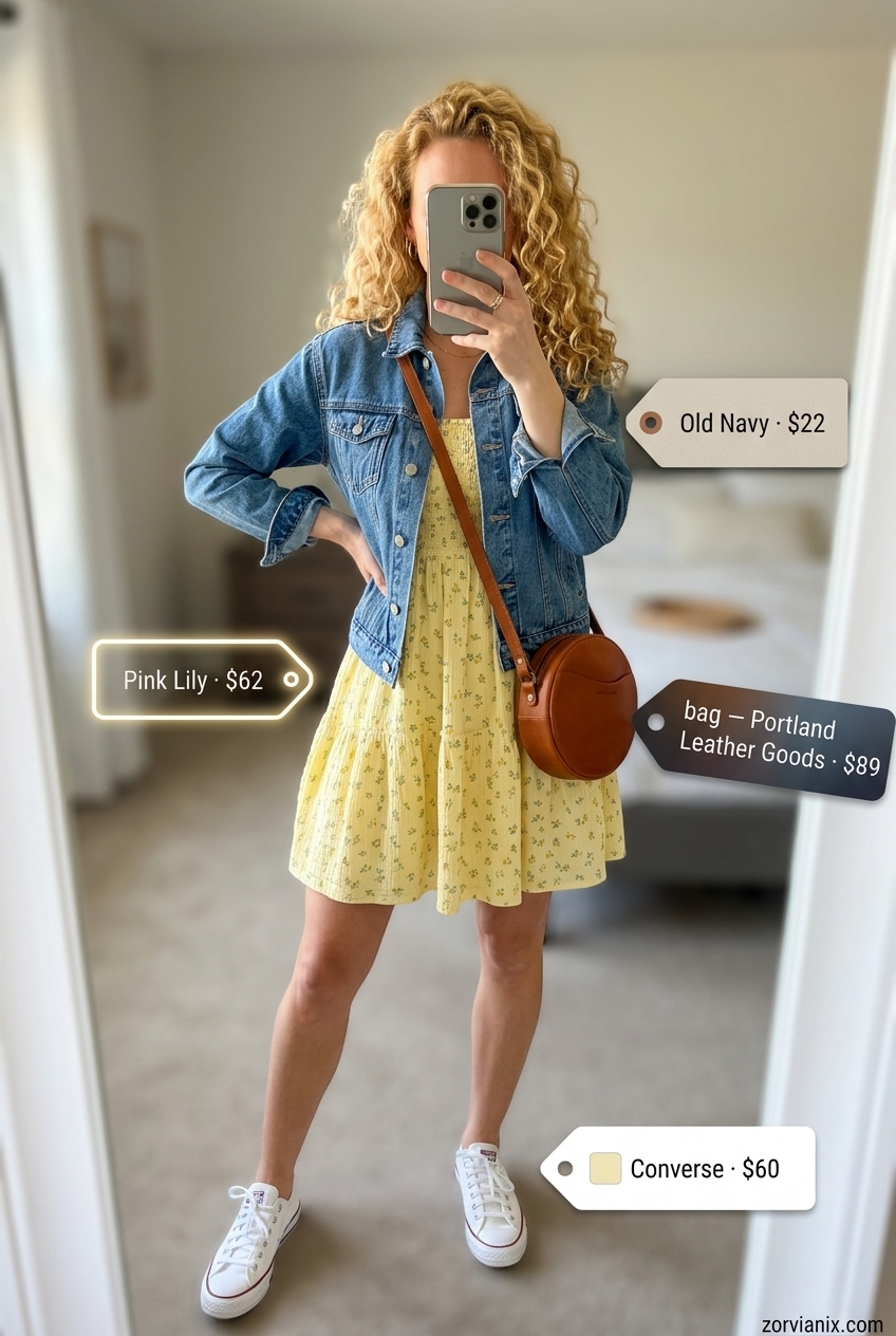 Playful yellow floral mini sundress for casual Friday summer outfits for women 2026. Sweet & energetic look.